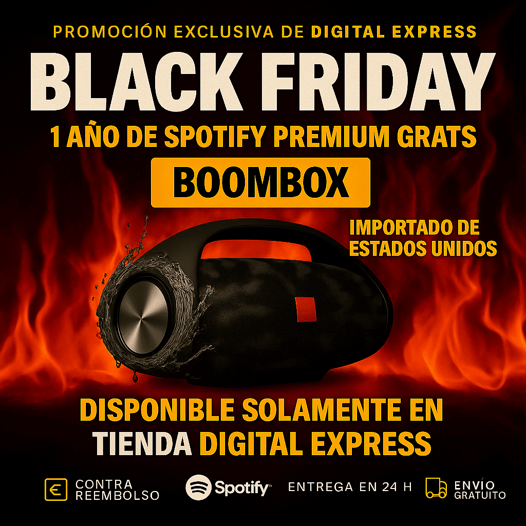 ¡POTENCIA Y SONIDO IMBATIBLES! ¡El BOOMBOX HA LLEGADO! +1 Año de Suscripción a Spotify Premium Gratis 🔥Black Friday🔥