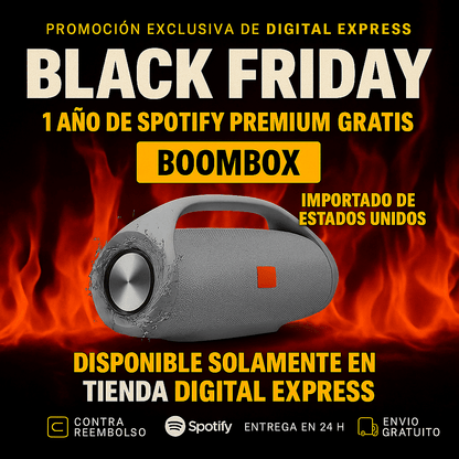 ¡POTENCIA Y SONIDO IMBATIBLES! ¡El BOOMBOX HA LLEGADO! +1 Año de Suscripción a Spotify Premium Gratis 🔥Black Friday🔥