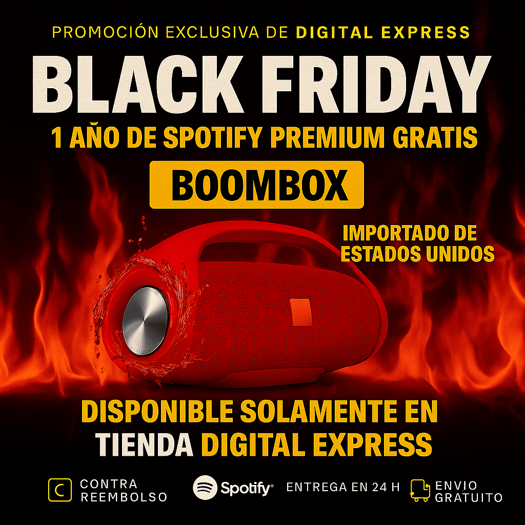 ¡POTENCIA Y SONIDO IMBATIBLES! ¡El BOOMBOX HA LLEGADO! +1 Año de Suscripción a Spotify Premium Gratis 🔥Black Friday🔥